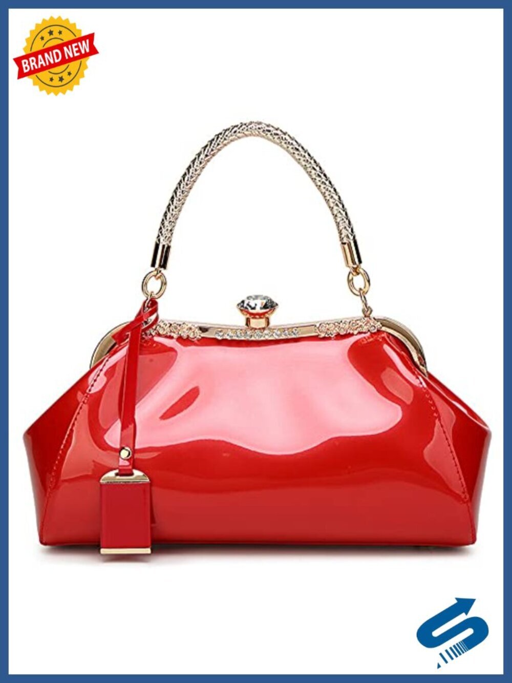 Glossy Patent Leather Top Handle Purse Crystal Buckle Satchel Evening Bag